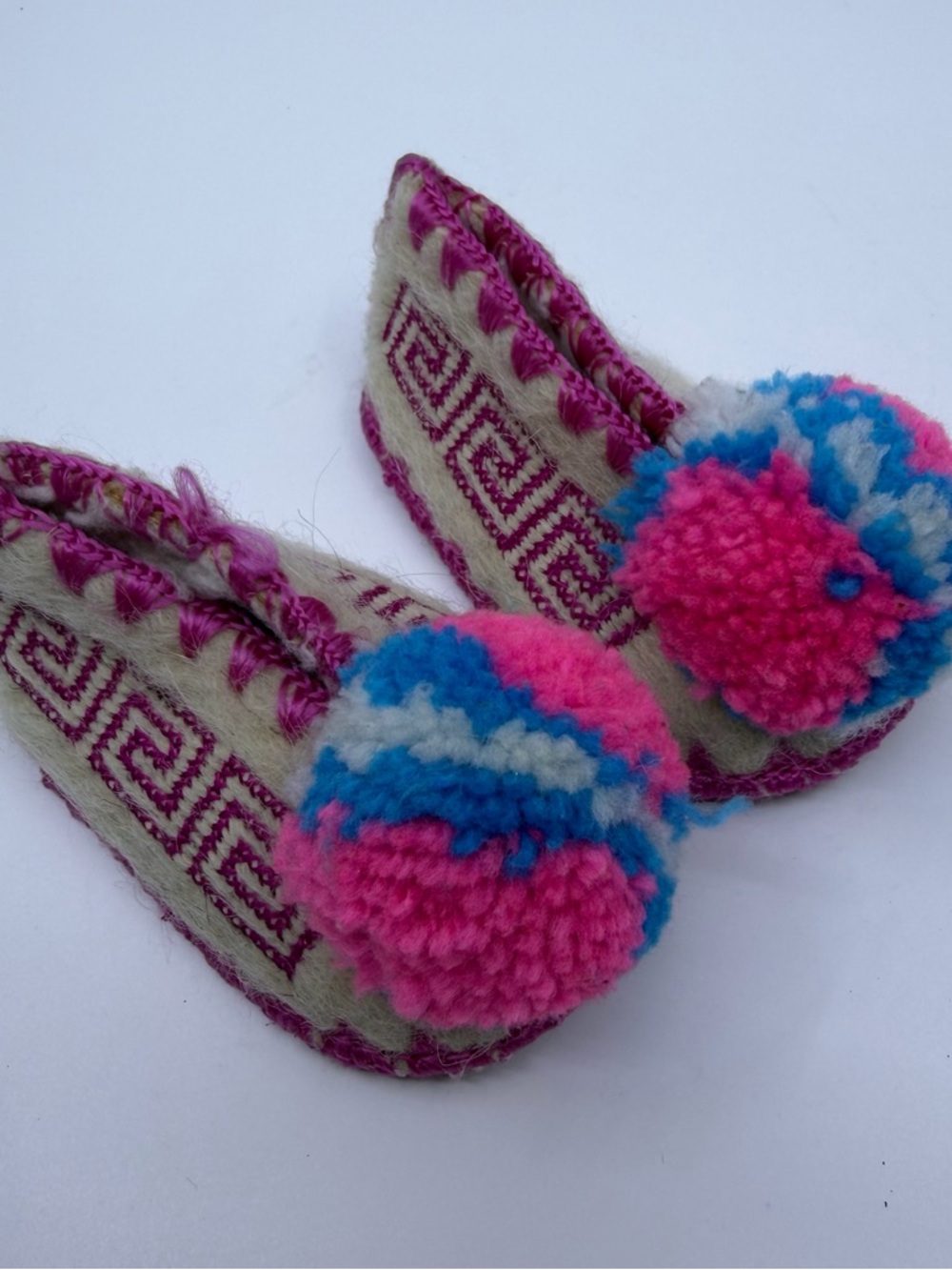 Minas SA Traditional Greek Wool Slippers Baby Size 16 Pink Blue Pom Pom